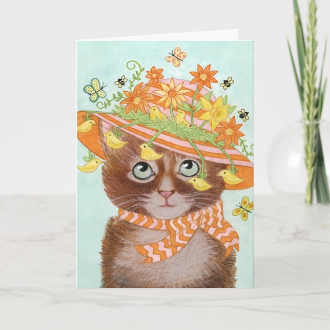 Easter Cat in Easter Bonnet with Butterflies Holiday Card (Front)
