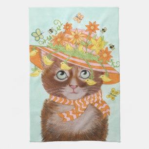 Easter Cat in Easter Bonnet with Butterflies Tea Towel