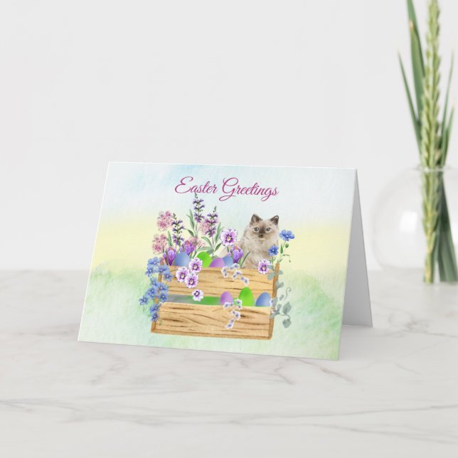 Easter Cat with Blue Flowers and Eggs Easter Card (Front)