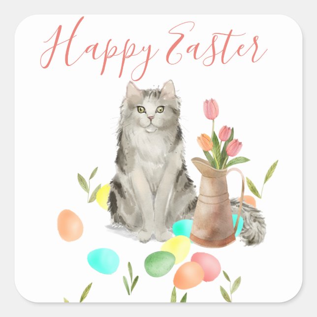 Easter Cat with Eggs and Flowers Spring Stickers (Front)