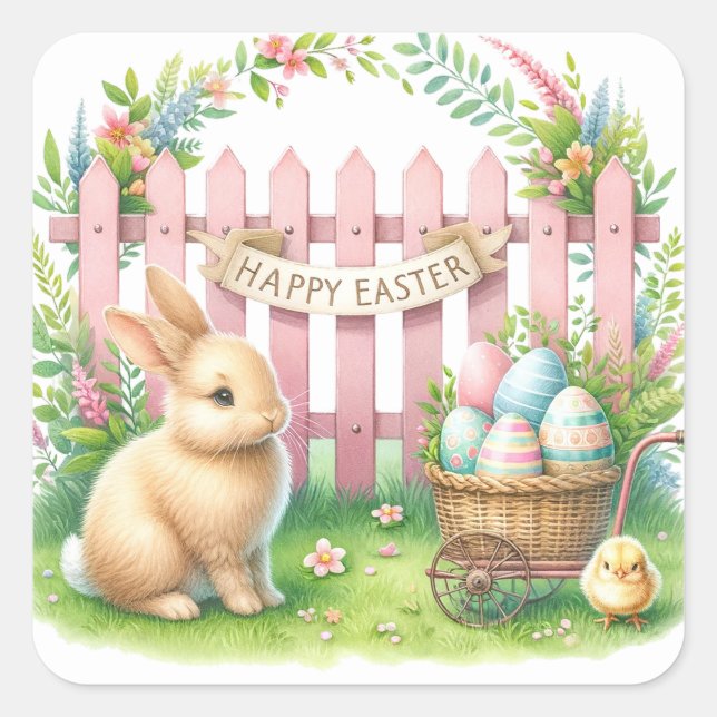 Easter Celebration with Bunny and Chick Square Sticker (Front)