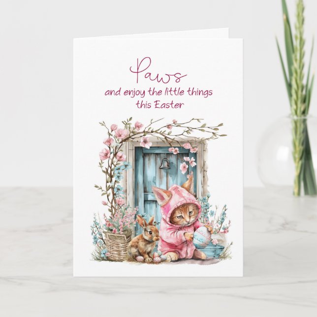 Easter Charming Watercolor Kitten and Bunny  Card (Front)