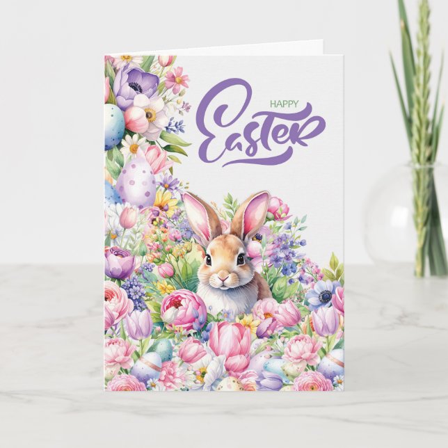 Easter Cheerful Bunny Rabbit in Spring Flowers Holiday Card (Front)