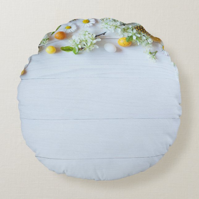 Easter Cherry Plum: Yellow Eggs. Round Cushion (Front)