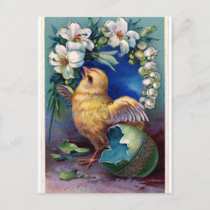 Easter Chick and Flowers Vintage Postcard