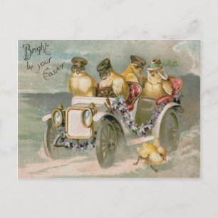 Easter Chick Antique Car Forget-Me-Not Holiday Postcard