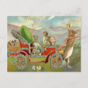 Easter Chick Bunny Egg Car Forget Me Not Holiday Postcard