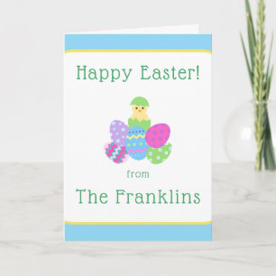 EASTER Chick Eggs and Bright Blue Greeting NAME Holiday Card