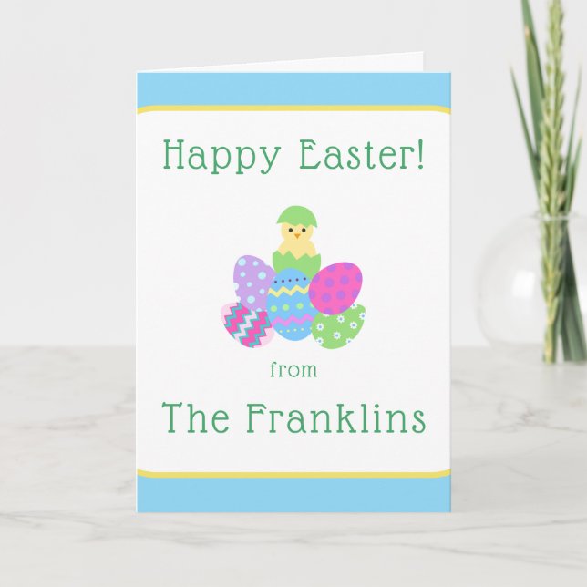 EASTER Chick Eggs and Bright Blue Greeting NAME Note Card (Front)