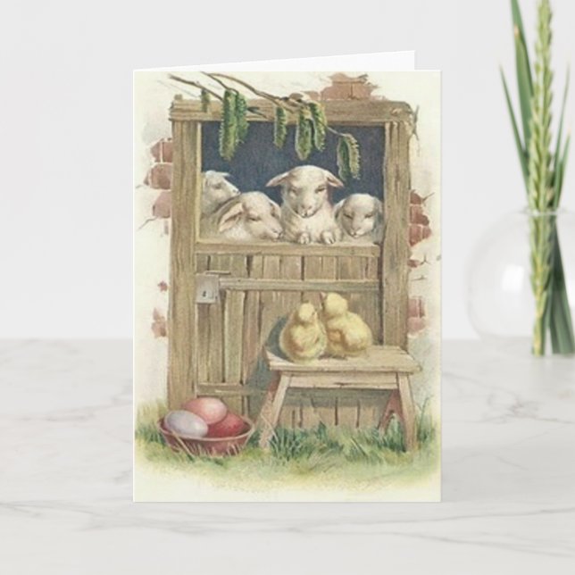 Easter Chick Lamb Barn Coloured Painted Egg Holiday Card (Front)