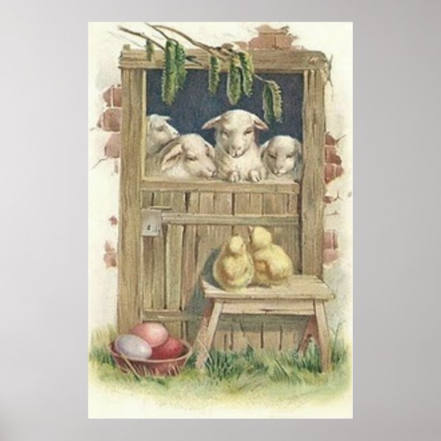 Easter Chick Lamb Barn Coloured Painted Egg Poster (Front)