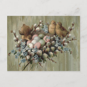 Easter Chick Nest Coloured Egg Forget-Me-Nots Holiday Postcard