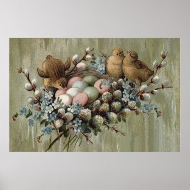 Easter Chick Nest Coloured Egg Forget-Me-Nots Poster (Front)