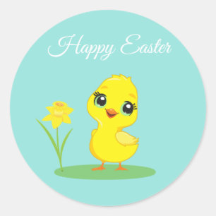 Easter Chick with Flower on Teal Classic Round Sticker