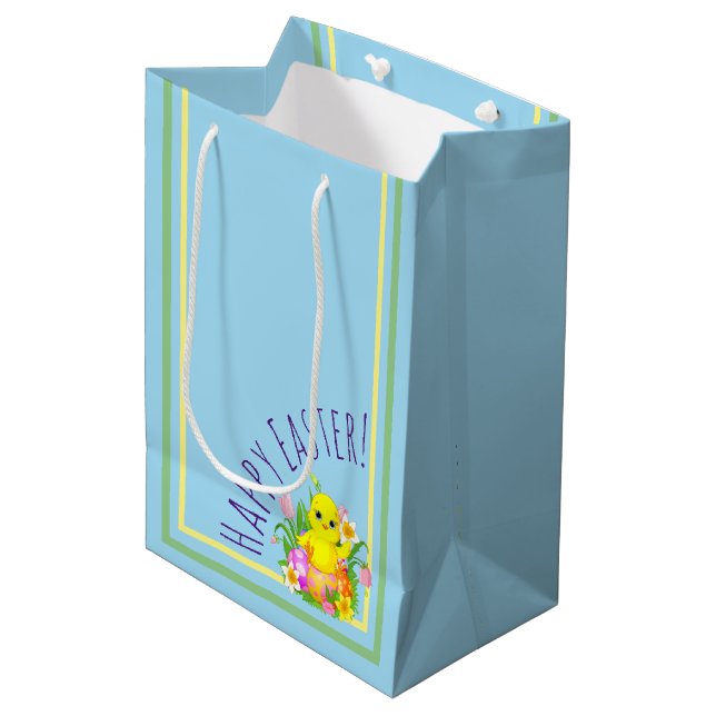 Easter Chick With Flowers Medium Gift Bag (Front Angled)