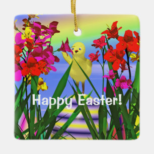 Easter Chicken and Flowers Ceramic Ornament