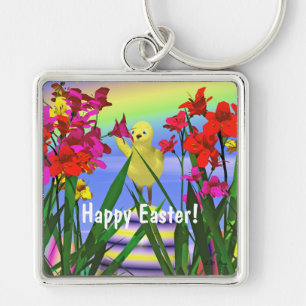 Easter Chicken and Flowers Key Ring