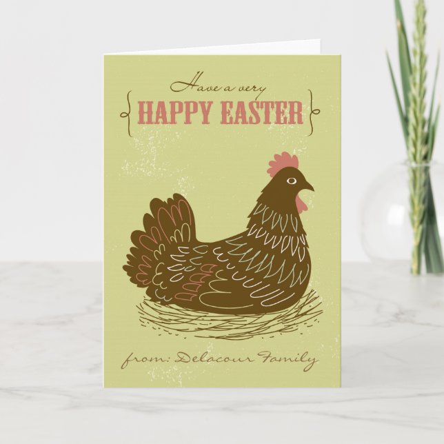 Easter Chicken Green Rustic Happy Easter Card (Front)