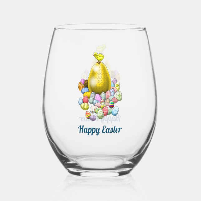 Easter Chicken with Colourful Eggs Stemless Wine Glass (Front)