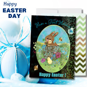 Easter Chicks and Bunny Black Flat Holiday Card