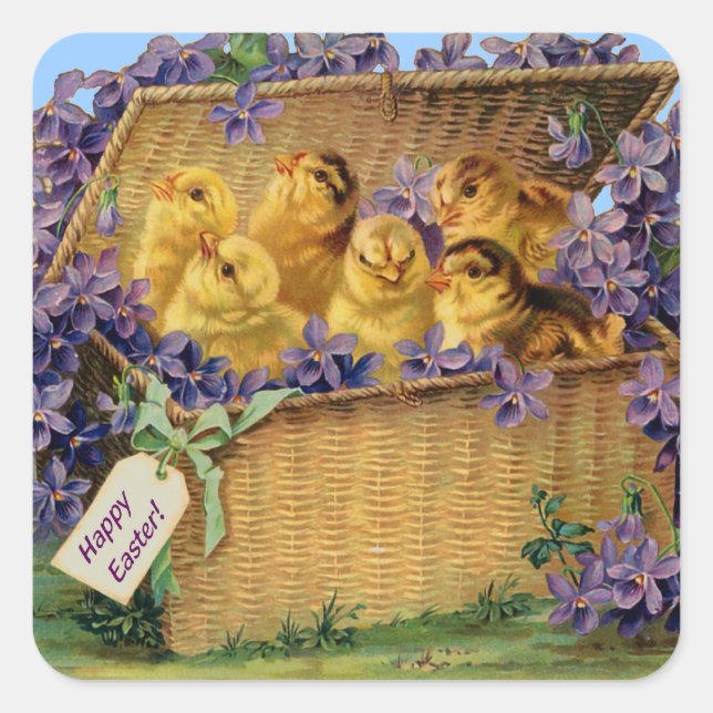 Easter Chicks in a Basket Square Sticker (Front)