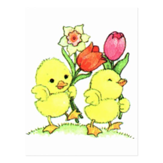 Easter Chicks With Flowers Postcard