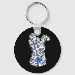 Easter Chinoiserie Floral Bunny With Cute Blue Bow Key Ring