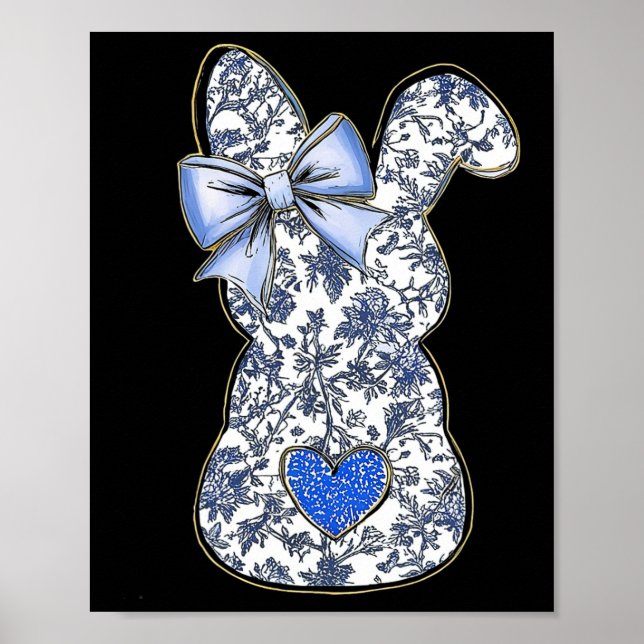 Easter Chinoiserie Floral Bunny With Cute Blue Bow Poster (Front)