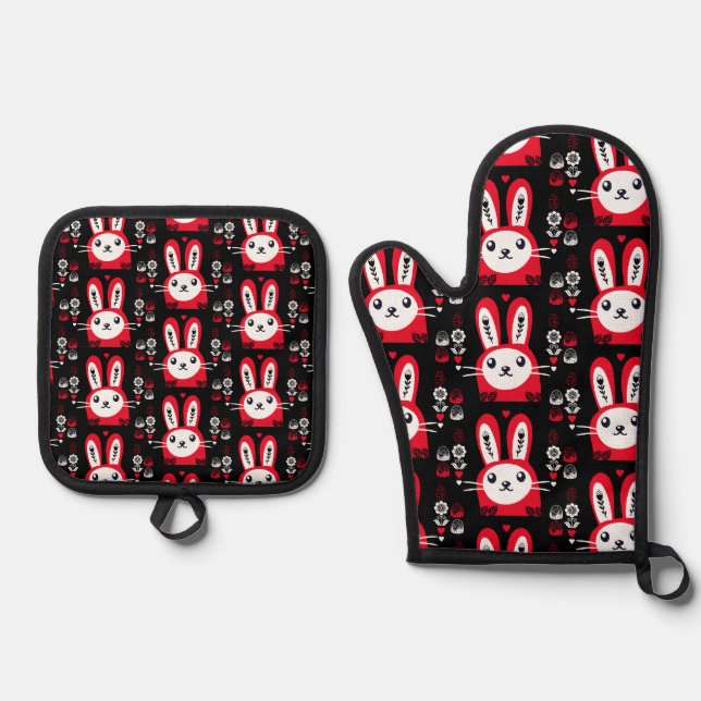 Easter Chocolate Bunny Decor Oven Mitt & Pot Holder Set (Front)