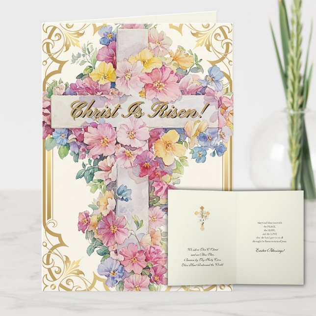 Easter Christ is Risen Floral Cross Prayer  Holiday Card (Creator Uploaded)