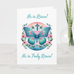 Easter Christian Risen Lord Butterfly in Teal Pink Card