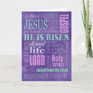 Easter Christian Word Collage, Purple and Blue Holiday Card