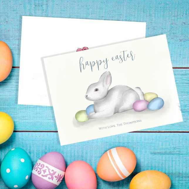 Easter Colourful Pastel Watercolor Bunny  Holiday Card (Happy Easter greeting card with watercolor pastel easter eggs and bunny. )