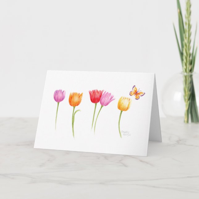 Easter Colourful Tulips Butterfly Spring Blessings Card (Front)
