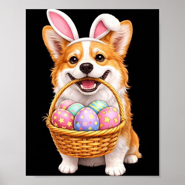 Easter Corgi Dog Bunny Cute Easter Eggs Basket Poster (Front)