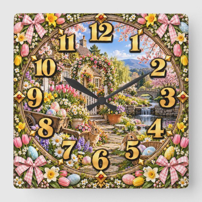 Easter Cottage Garden Bunny Square Wall Clock (Front)