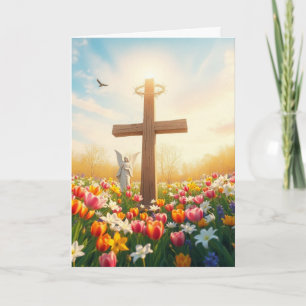 Easter Cross and Angel Statue Holiday Card