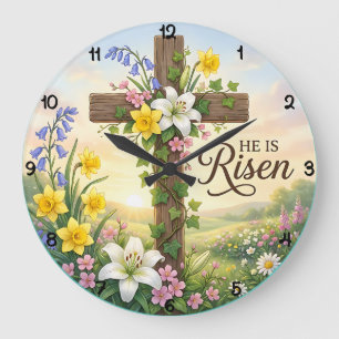 Easter Cross He Is Risen Large Clock