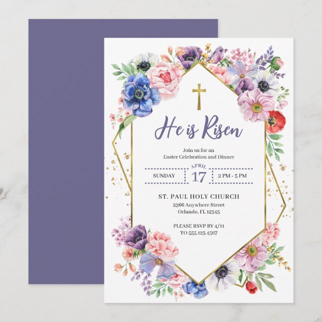 Easter Cross He Is Risen Spring Flowers Invitation (Front/Back)