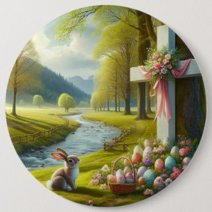Easter cross with bunny & eggs 6 cm round badge