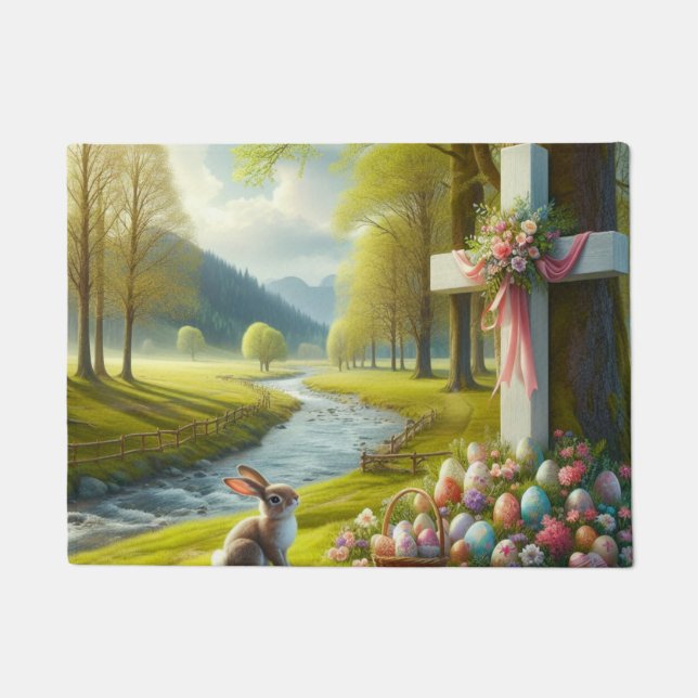 Easter cross with bunny & eggs doormat (Front)