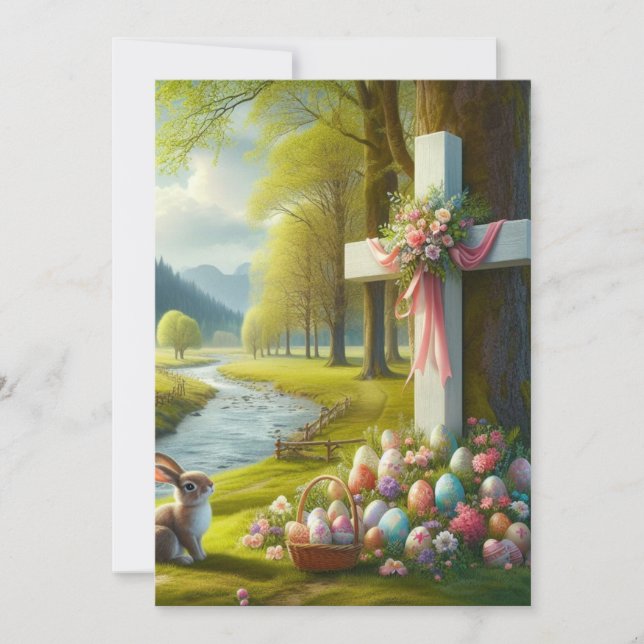 Easter cross with bunny & eggs holiday card (Front)