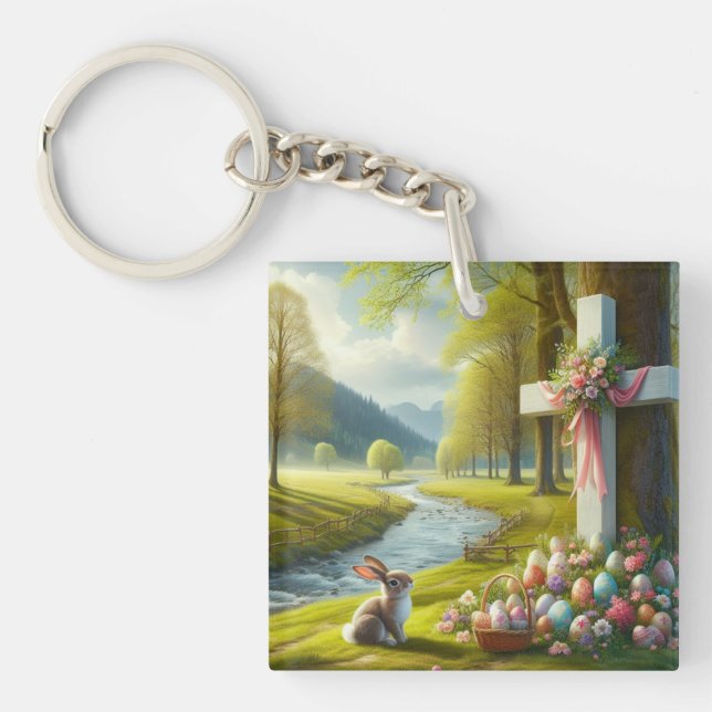 Easter cross with bunny & eggs key ring (Front)