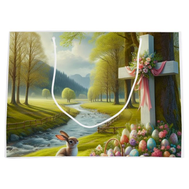 Easter cross with bunny & eggs large gift bag (Front)