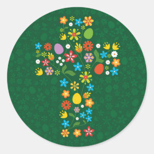 Easter Cross with Eggs and Flowers Classic Round Sticker