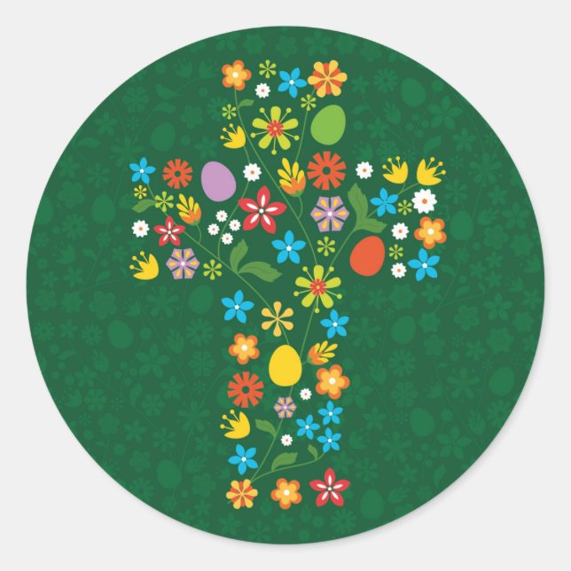 Easter Cross with Eggs and Flowers Classic Round Sticker (Front)