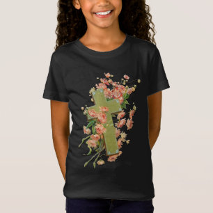 Easter Cross with Pink Flowers Black Girls T Shirt