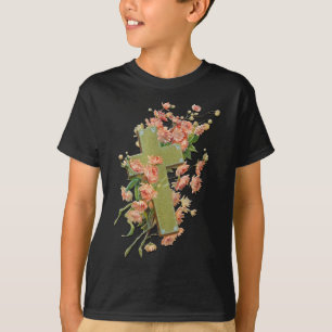 Easter Cross with Pink Flowers Black Unisex Shirt