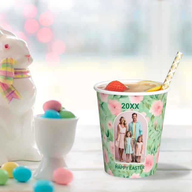 Easter Custom Photo Pastel Pink & Green Florals Paper Cups (Creator Uploaded)