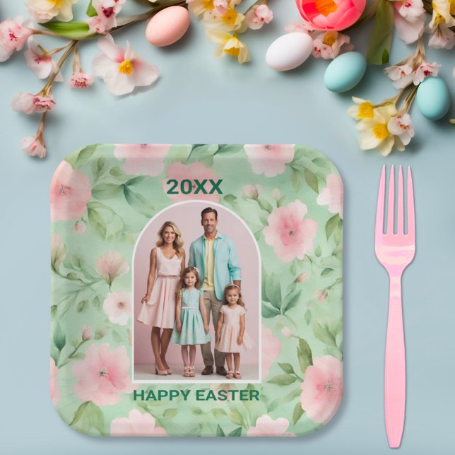 Easter Custom Photo Pastel Pink & Green Florals Paper Plate (Creator Uploaded)